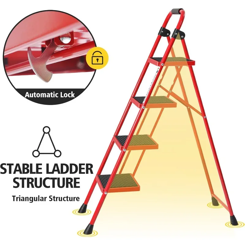 Folding Step Ladder 4 Steps Stool,Heavy-Duty Sturdy Safety Steel Tall Step Stool Ladders with Handrails & Wide Pedals for,Red