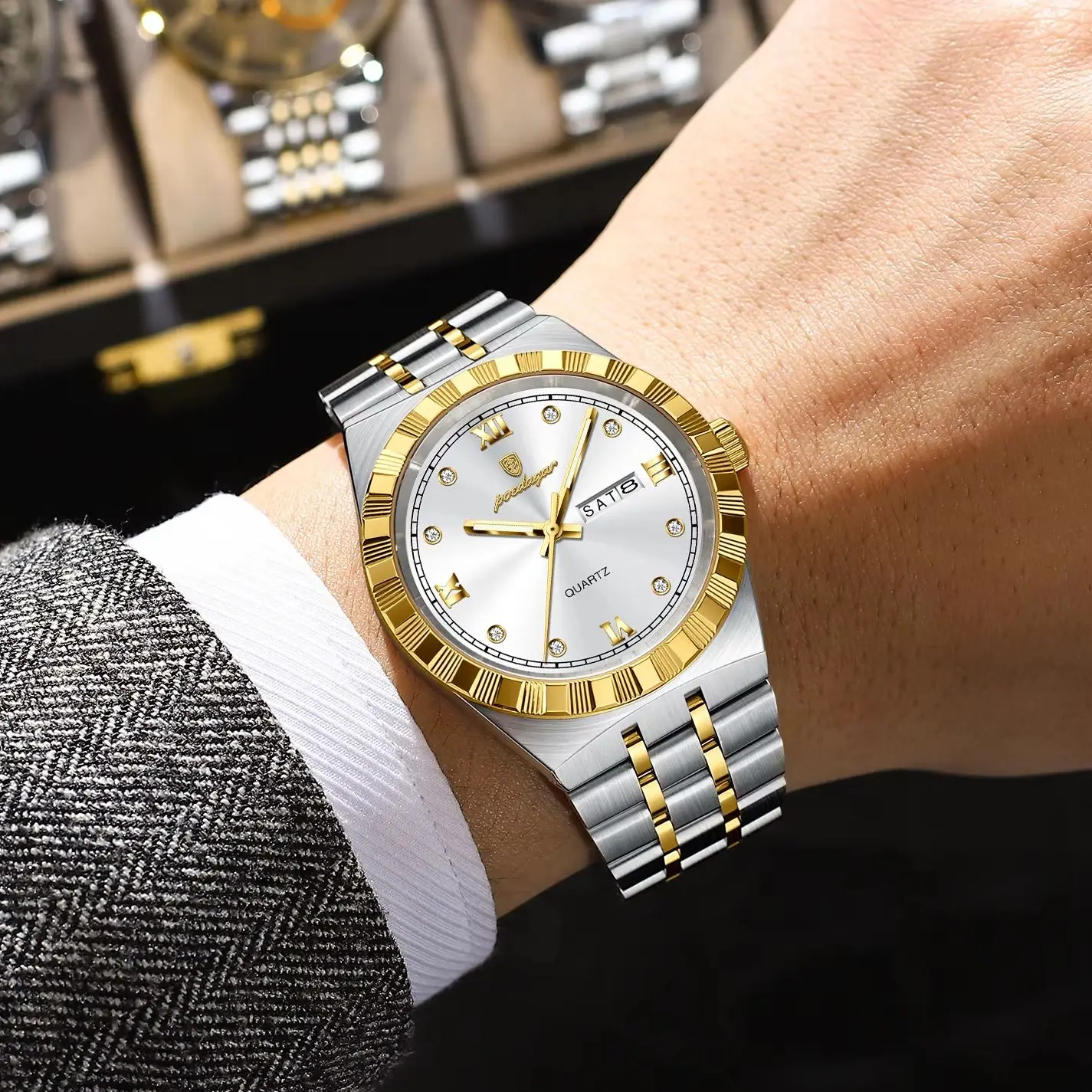 POEDAGAR Original Luxury Man Watch Week Date Waterproof Luminous Wristwatch For Men Stainless Steel Casual Quartz Men’s Watches