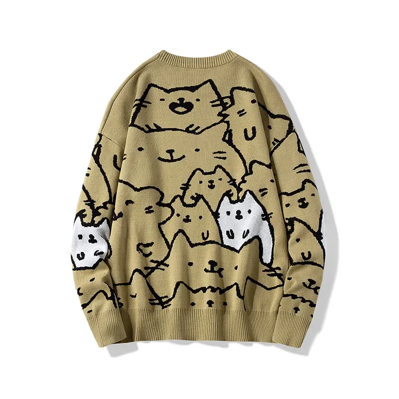 Men\'s Oversized Cat Sweaters O-neck Retro Anime Vintage Knitted Sweaters Fashion Streetwear Loose Cute Cat Pullovers