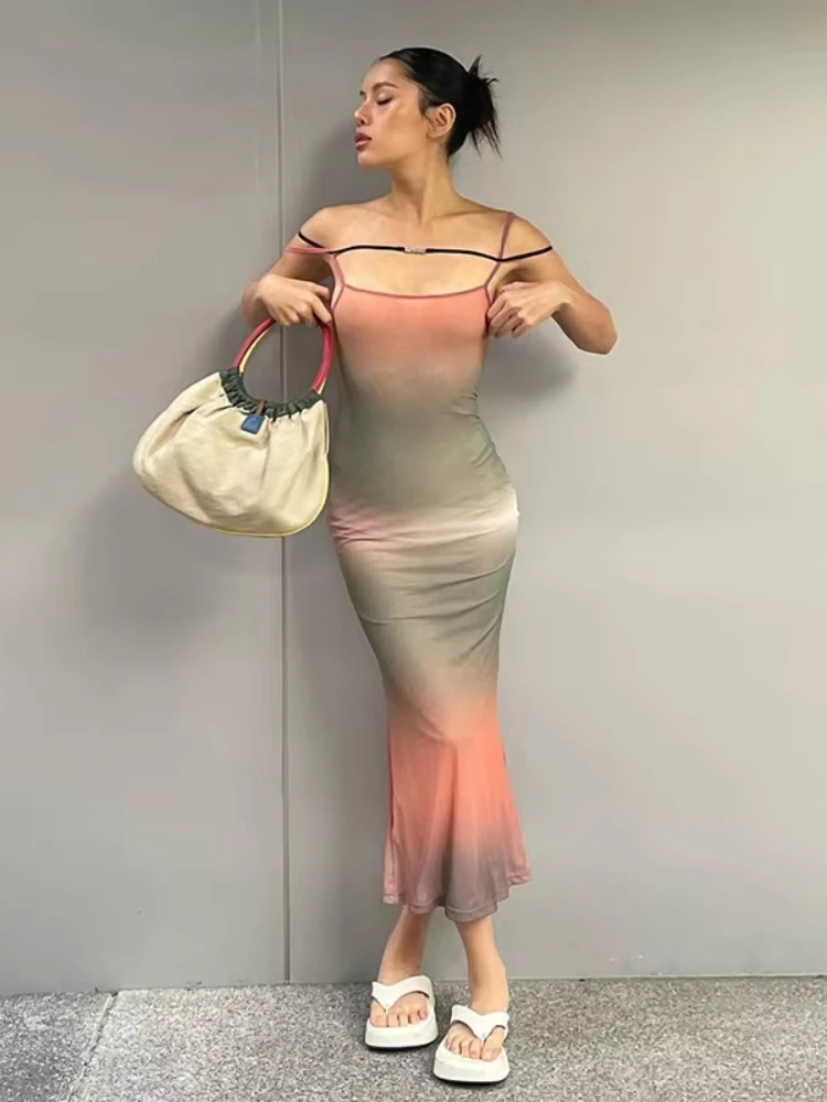 Vestidos largos Tie Dye para mujer, ropa de calle con tirantes finos, Vestidos de mujer sin mangas, conjunto de verano de una pieza, ropa ajustada Y2k