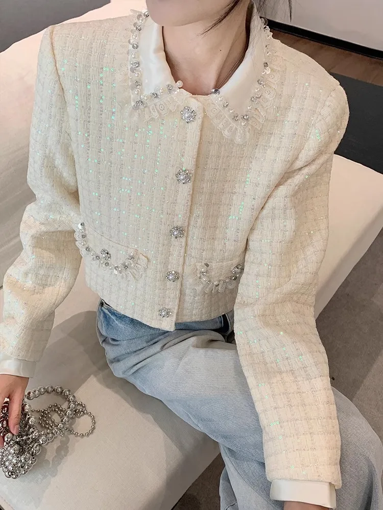 

Small Fragrance Diamond Decoration Peter Pan Collar Thick Tweed Short Coat Women's Spring and Autumn French Elegant Jacket