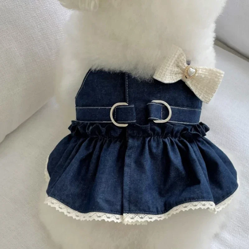 

Fashion Dog Denim Skirt Spring Summer Couples Dog Clothes Teddy Dress Puppy Breathable Clothes with Bow Pearl Applique