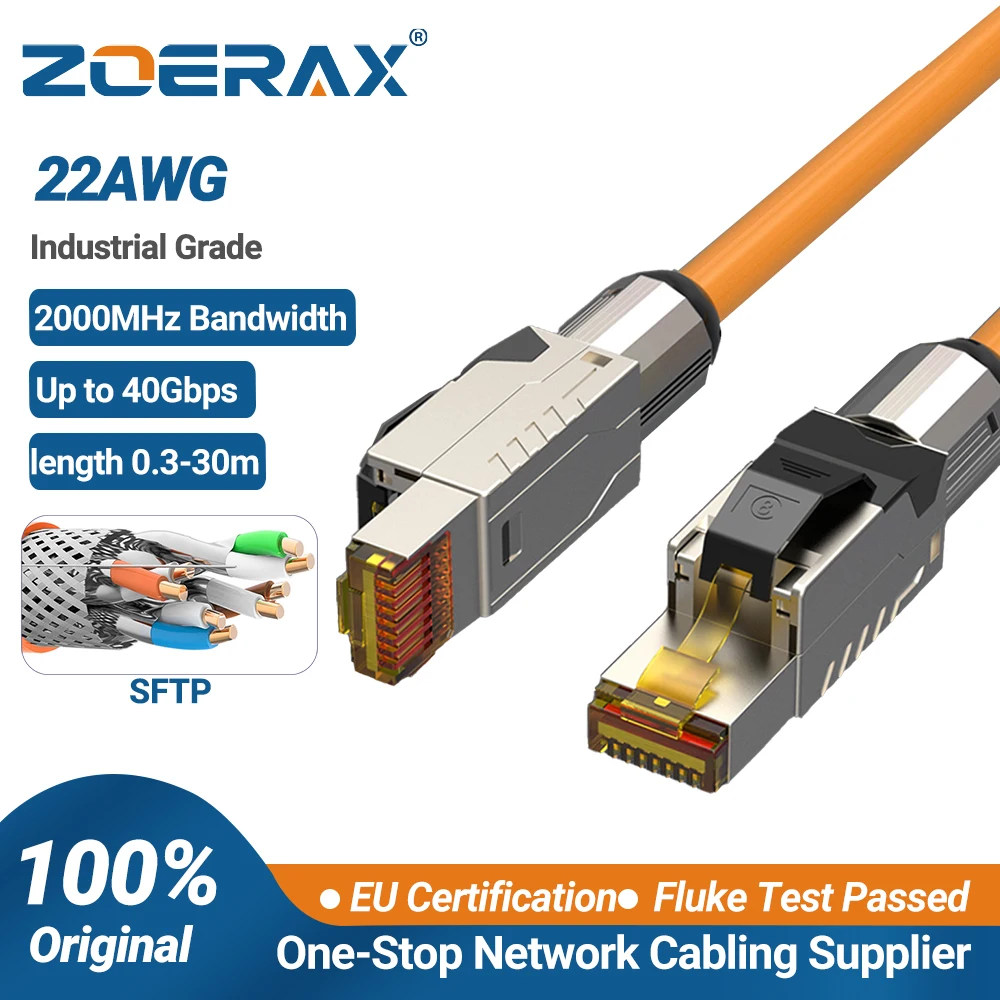 ZoeRax Cat8 Ethernet Patch Cable S/FTP 22AWG Double Shielded Solid Cable | 2000Mhz 2Ghz 40Gbps | 5th-Gen Ethernet LAN Network