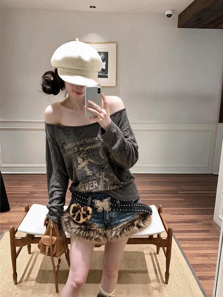 Korean Grunge Aesthetic Women 2 Piece Sets Punk Gothic Subculture Shirts + Skirt Retro Harajuku Y2K Vintage Daily Outfits