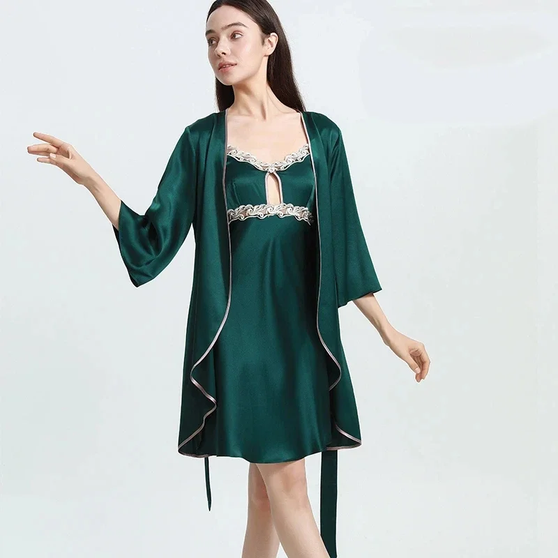 Roupões de seda pesada de 19mm e vestido de noite, pijama, conjunto de 2 peças, roupão de banho 100% seda amoreira e mini camisola deslizante, roupa de dormir, quimono