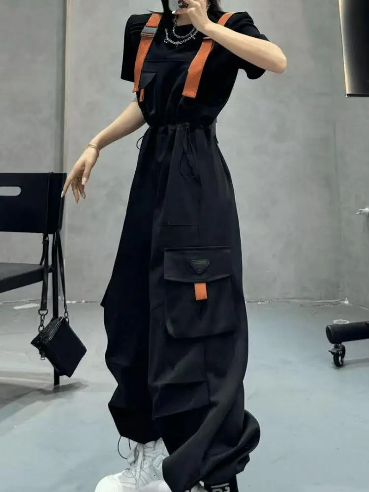 

Women Black Patchwork Casual Loose Workwear Jumpsuit Summer Green High Waist Drawstring Strap Long Pant Trend Fashion Streetwear