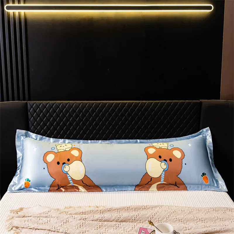 Cartoon Bear Pillowcase Long Double Lovers Pillowcase Ice Silk Satin Fabric Pillow Cover Home Sofa Cushion Hugging Pillow Cover