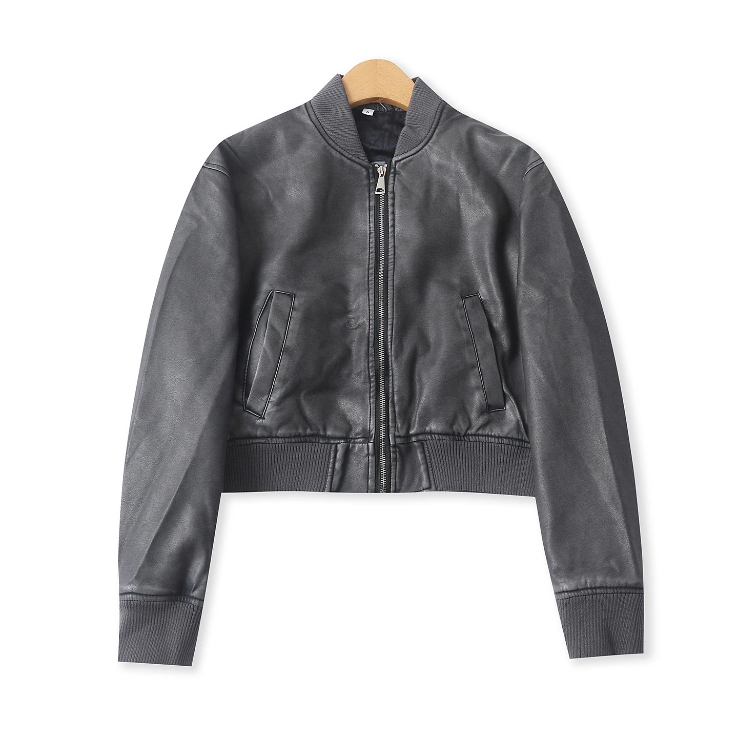 Soft Leather Thin Cotton Jacket Outerwear Spring Autumn New Women's Stand Collar Zipper Long Sleeve Casual Jacket 33918