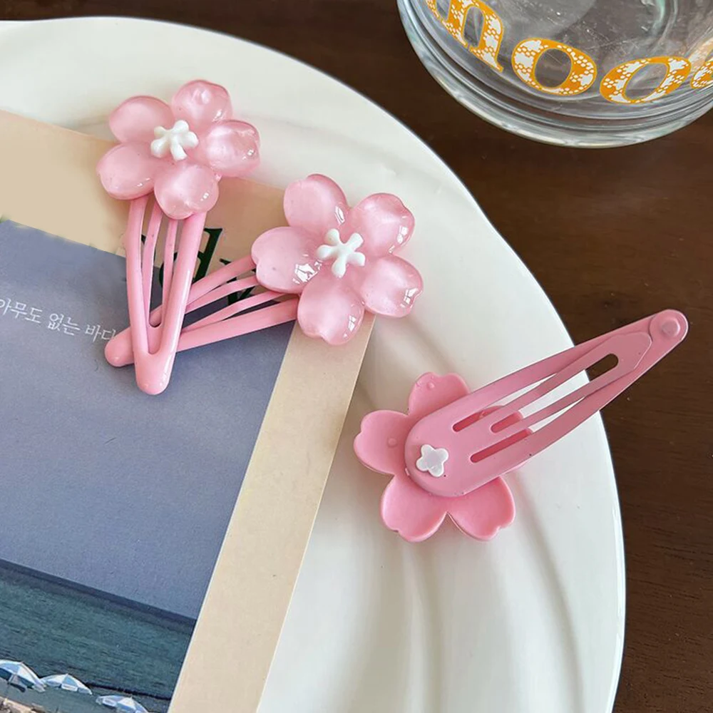 Sweet Jelly Color Cherry Blossom Hair Clip Girls Flower-shape Bangs Side Clip Snap Hairpins Duckbill Clips Hair Accessories 2024