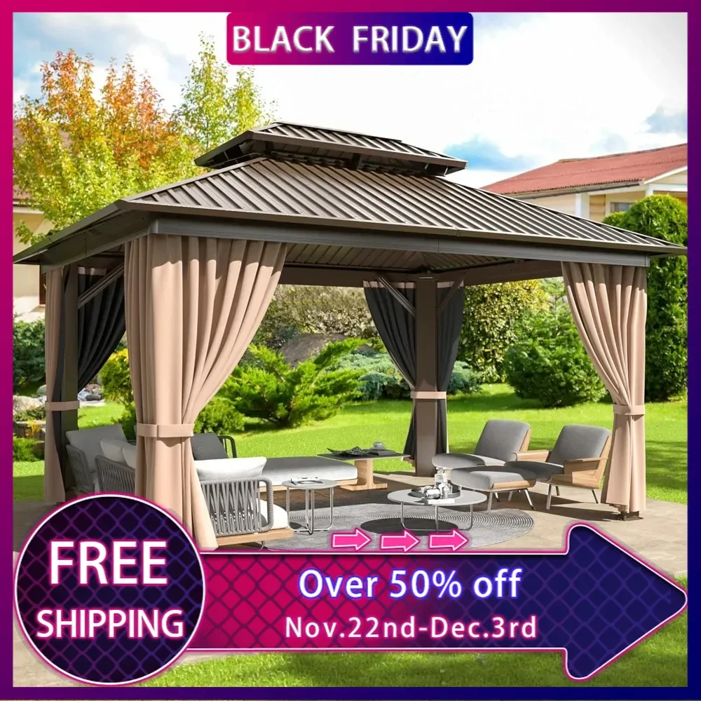 10x12 FT Hardtop Gazebo with Frame,Galvanized Steel Double Roof Gazebo with Netting and Curtain,Permanent Outdoor Metal Pavilion