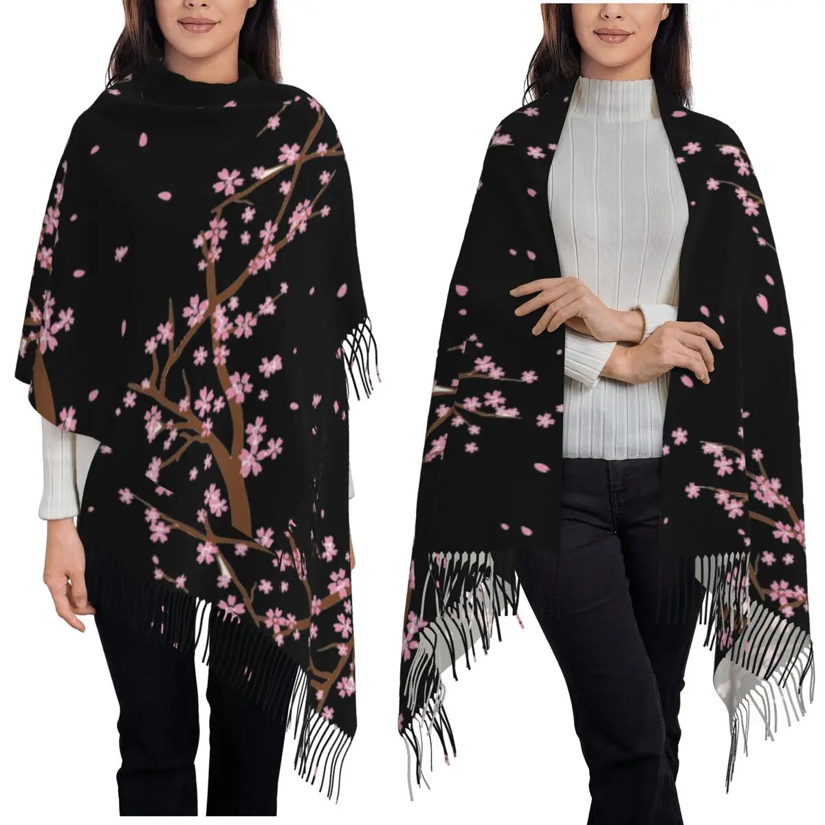 

Japanese Sakura Cherry Blossoms Scarf Tassel Scarves Women Soft Warm Shawls and Wraps Large Fall Winter Shawl Wrap