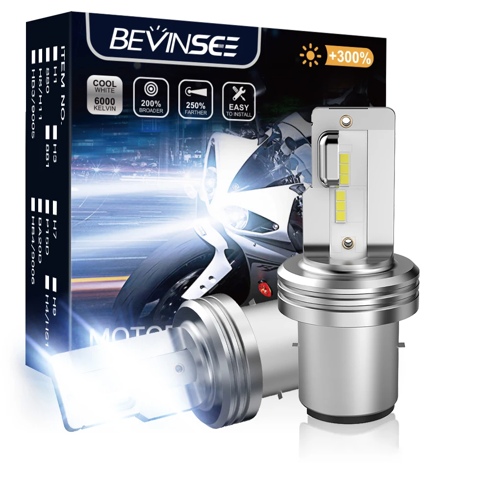 Bevinsee BA20D LED Motorcycle Headlight 12V 3000LM H6 LED Light Bulbs Plug and Play Fanless Wireless Moto Headlamp Replacement