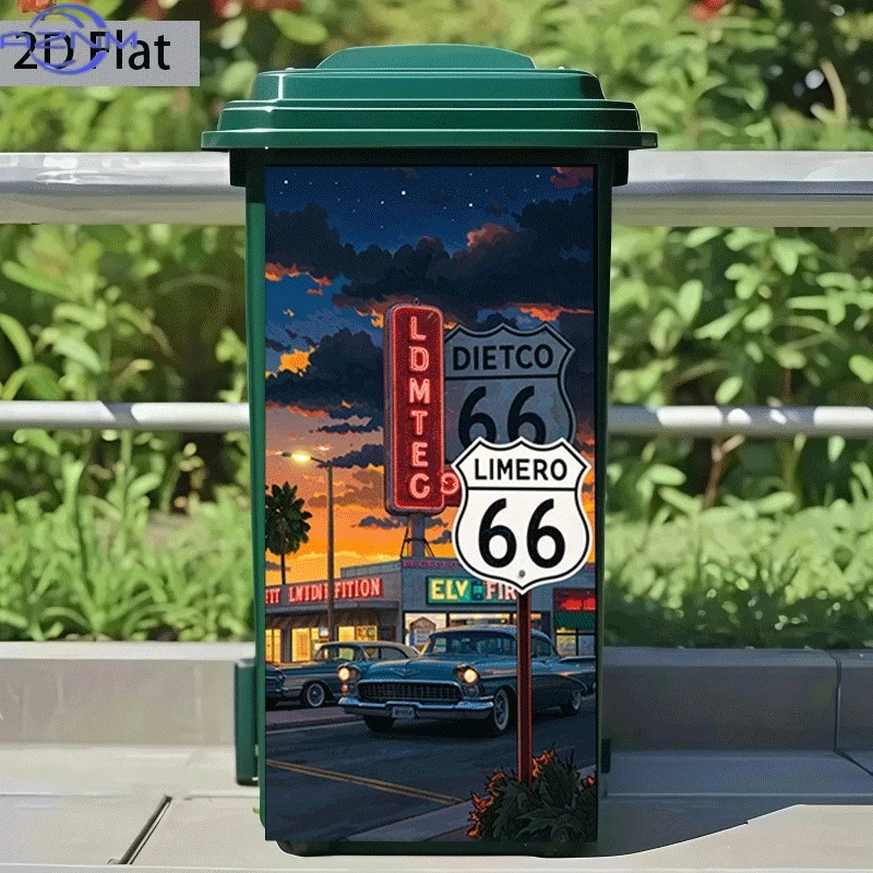 of Trash Can Sticker in 2D Flat Print, Measuring  Featuring a 'Route 66' Theme Design. This Self-Adhesive Wall Decoration Is S