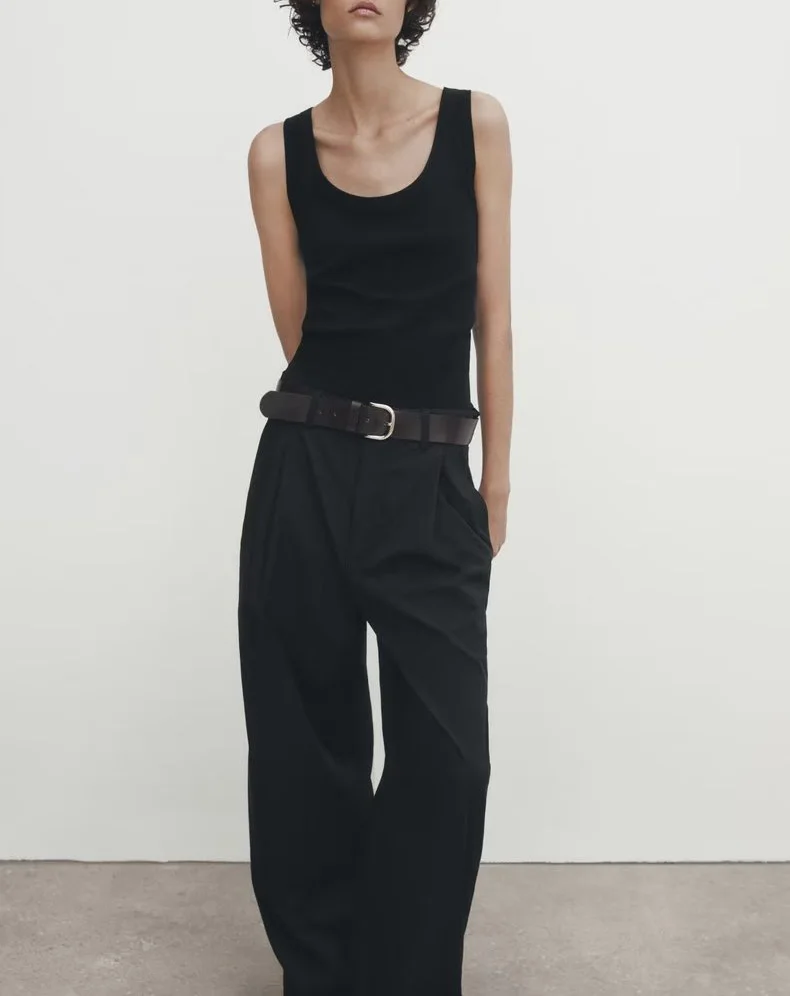 Bequeme, lässige Hose aus Baumwollmischung mit weitem Bein für Damen mit plissiertem Detail, hoher Taille, asymmetrisches Design für Pendler