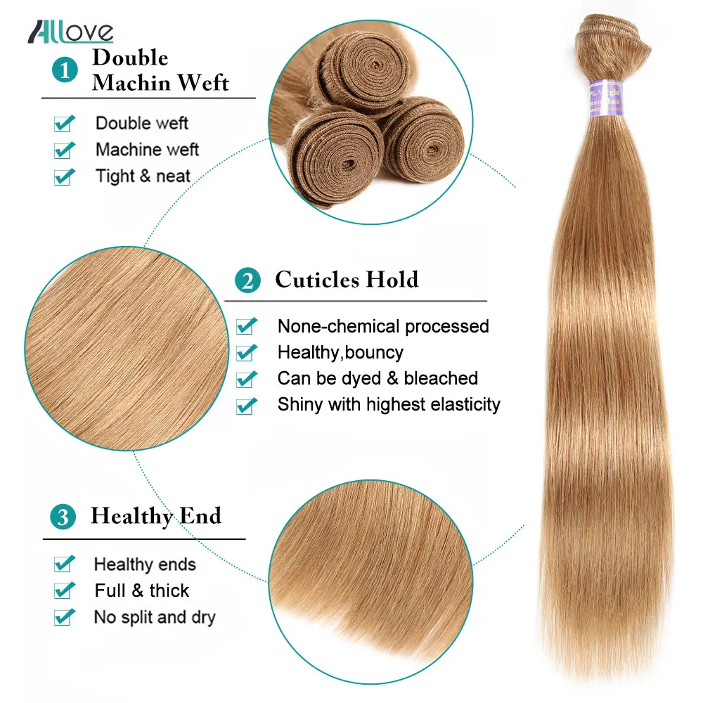 Allove 27# Honey Blonde Human Hair Bundles Bone Straight Hair Weave Bundles 1/3/4 PCS Colored Human Hair Extensions For Women