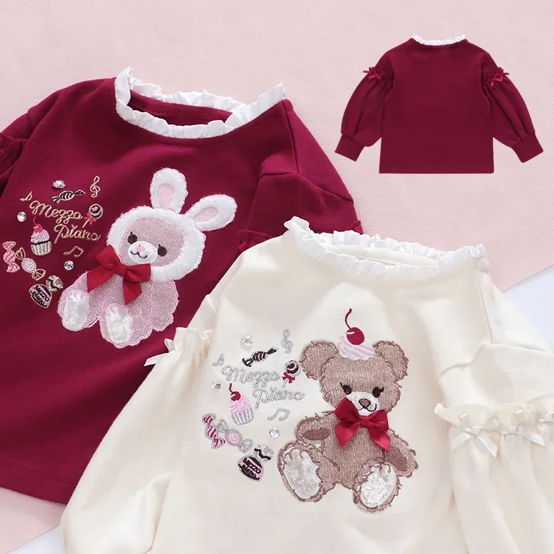 

2023 Spring & Autumn Pianist Kids Clothes Girl Cartoon Bunny Bear Embroidered Lace Collar Long Sleeve T-Shirt Top 2 Colors