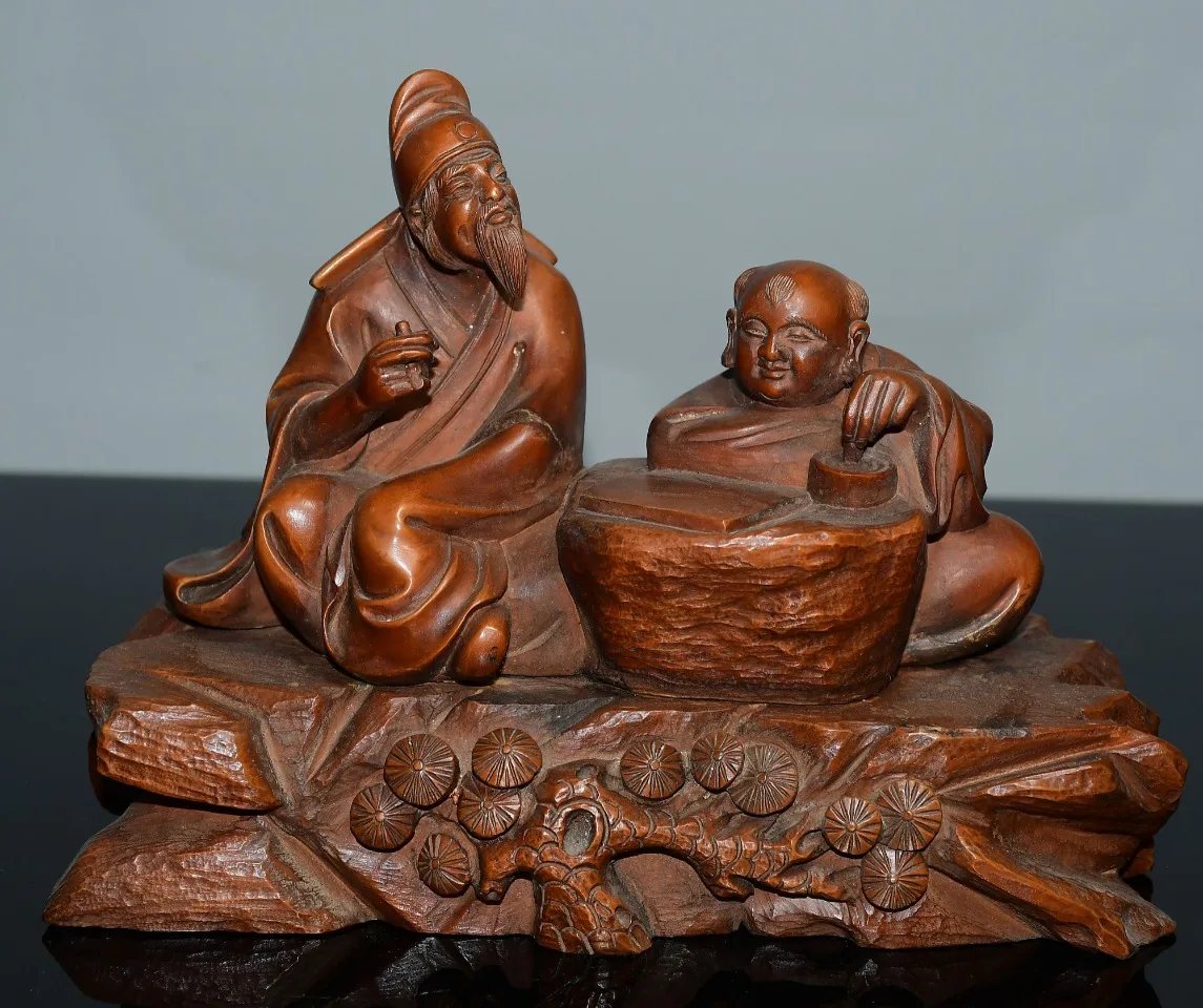 

8"Tibetan Temple Collection Old Boxwood Hand-carved Tea Saint Lu Yu Statue Boiling Tea Amass wealth Ornaments Town house