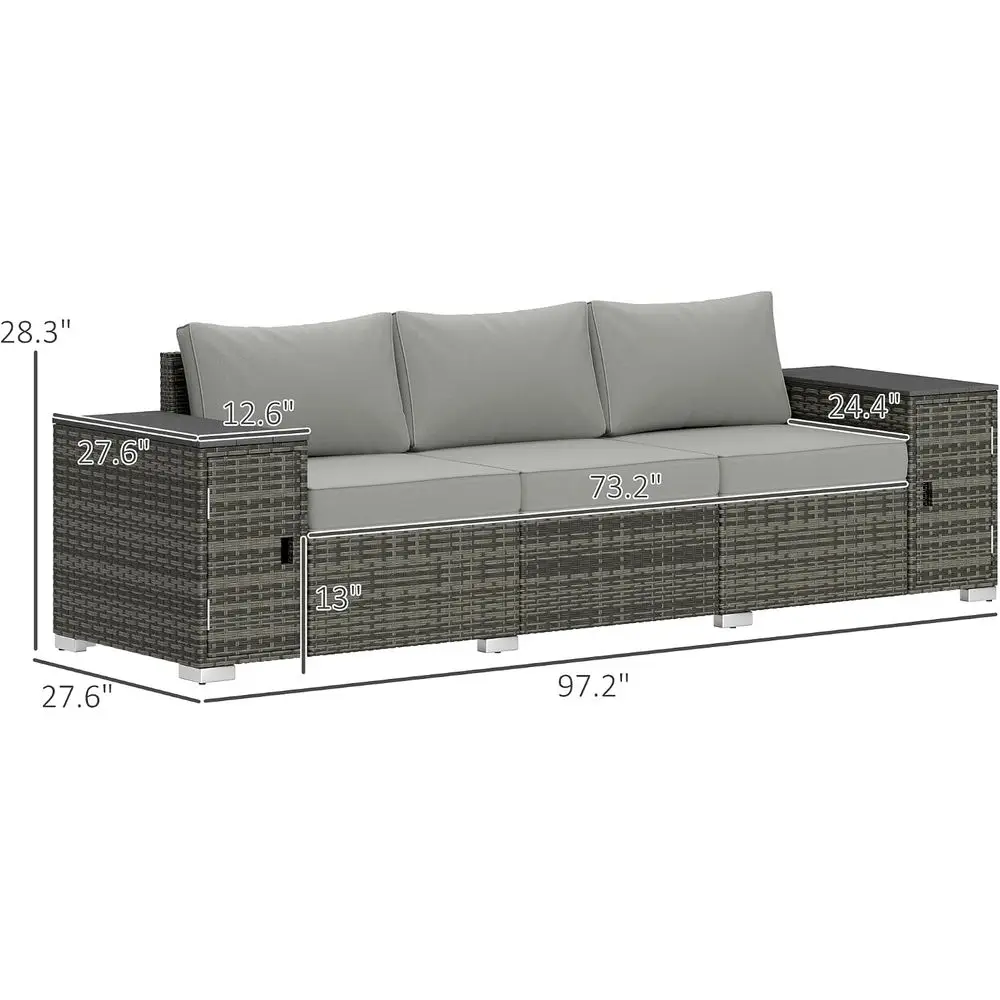 3 Seater Wicker Soa with 2 Storage Side Tables and Thickened Cushions, Rattan Outdoor Patio Soa with Wide Armrests, Wicker Outdo