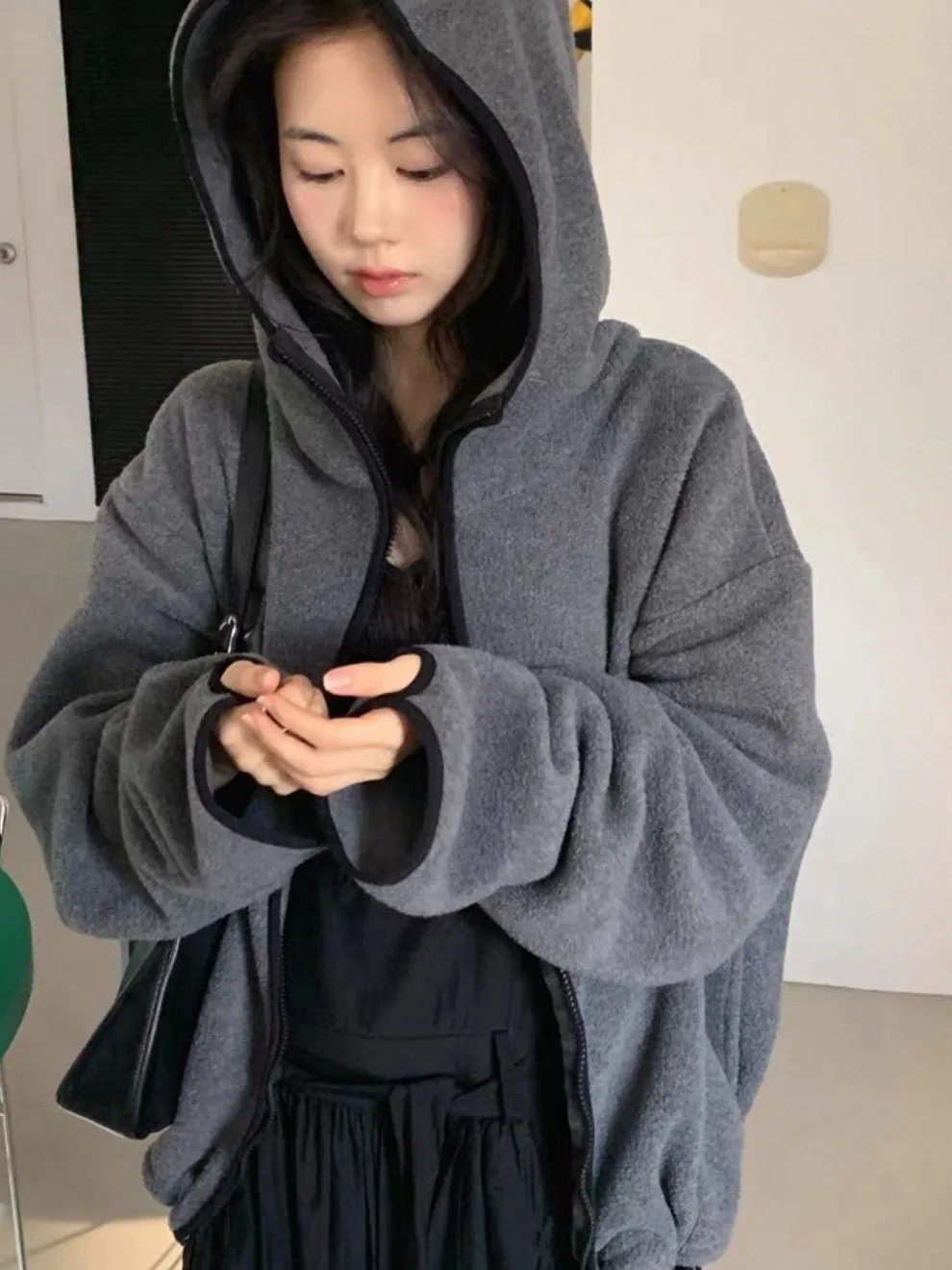 Chic Retro Double-Sided Fleece Hooded Jacket Women's Autumn Fashion New Loose Versatile Warm Top Korean Style Regular Length