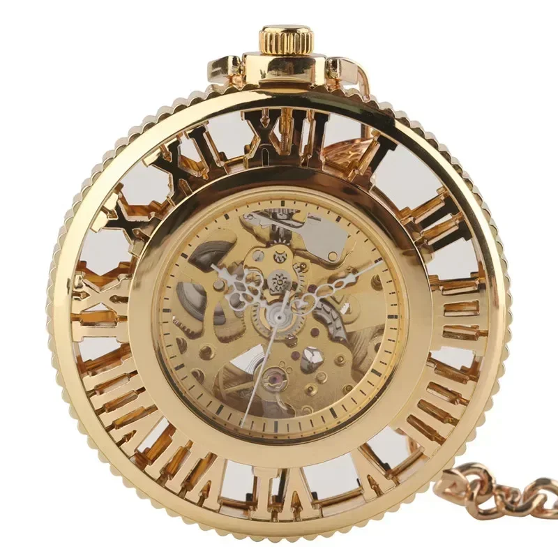 Luxury Golden Hollow Automatic Mechanical Pocket Watch for Women Men Hollow Roman Number Dial Clock Pendant Necklace Chain