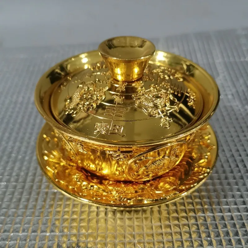 Brass Four Divine Beasts Tea Set with Lid, Antique Dragon and Phoenix Design, Retro Style Home Decor Ornament