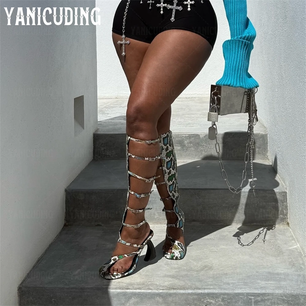 Curved Heel Multi Buckle Sandal Boots Asymmetric Square Toe Knee High Boots Novelty Designer Style Cage Sandals Boots for Women