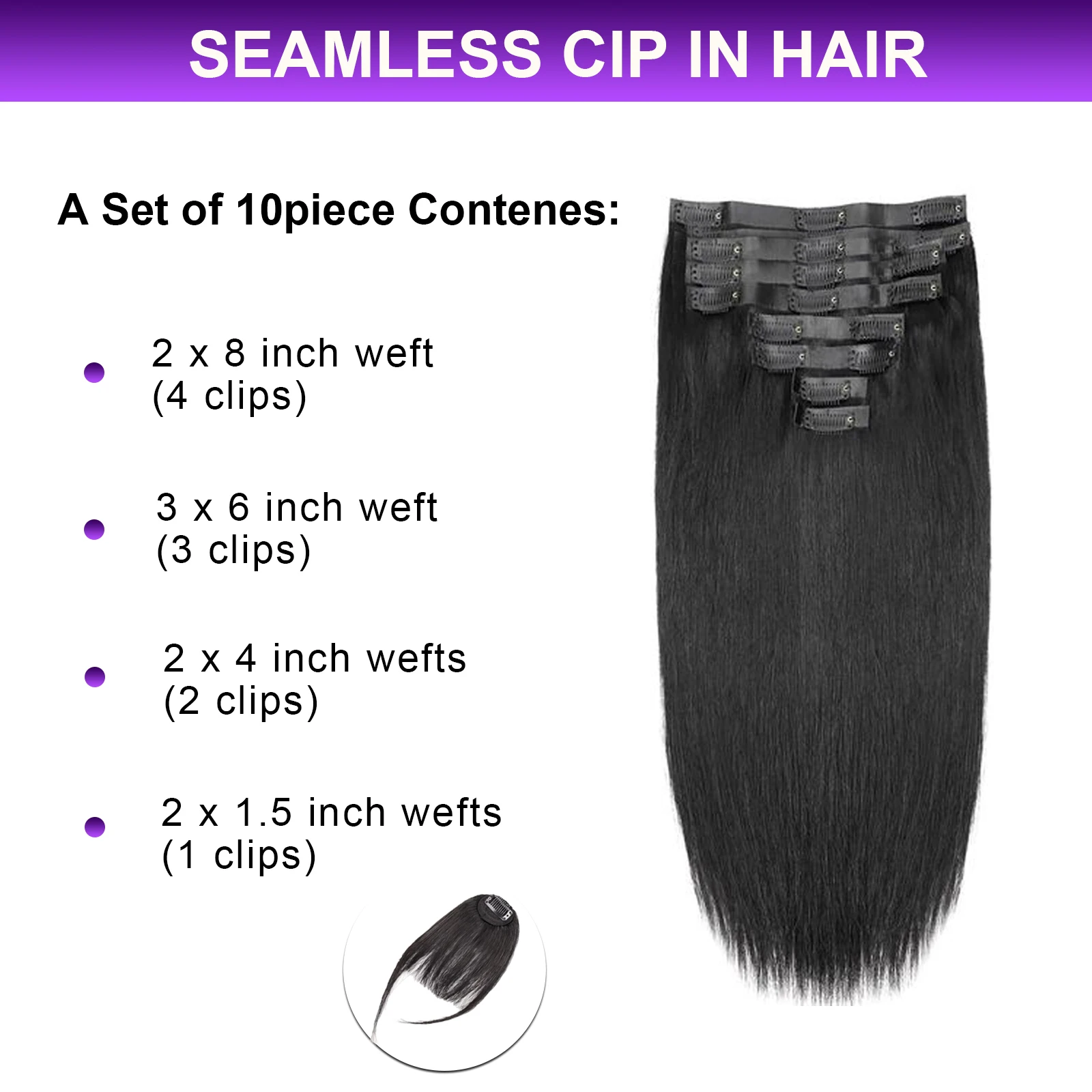 Réinitialisation in Hair Extensions, Real Human Hair, Black Straight, Head, Natural Straight, réinitialisation in Hair Extensions, Human Hair Seam