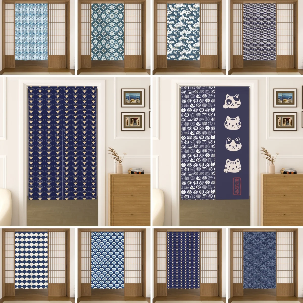 Cloud Wave Pattern Japanese Door Curtain Ukiyo-e Bathroom Kitchen Living Room Doorway Partition Blackout Opaque Half Curtains