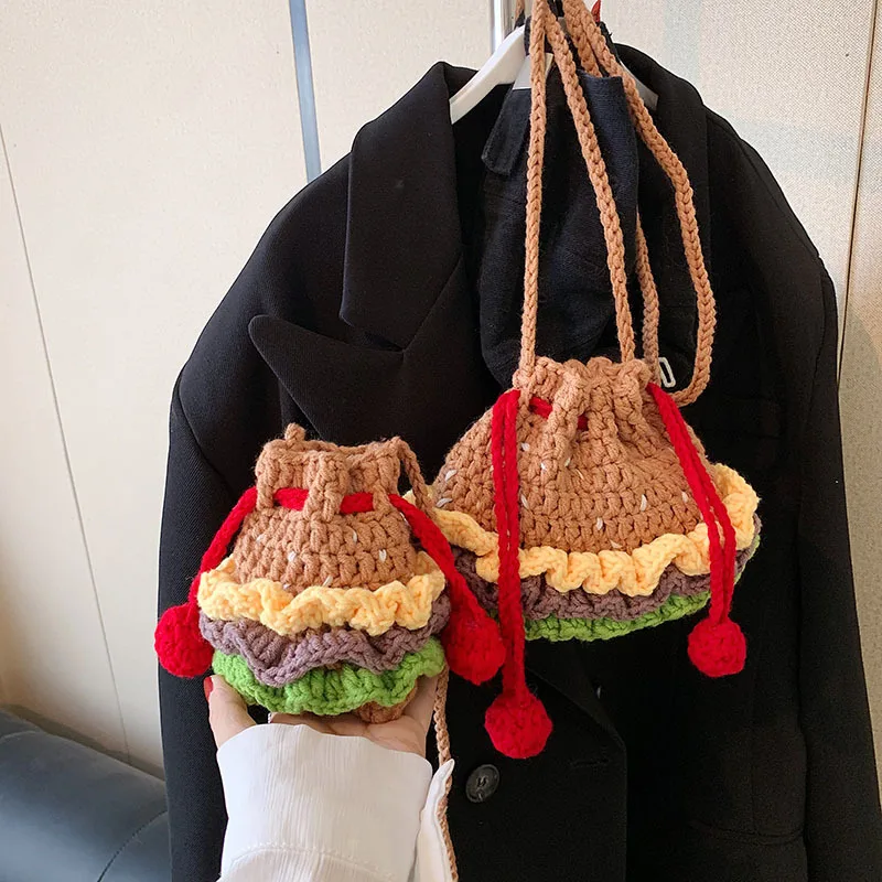 

Cute Hamburger Woven Bags for Women Handbags Mini Drawstring Bag Handmade Crochet Crossbody Bag Knitting Shoulder Bags Girls New