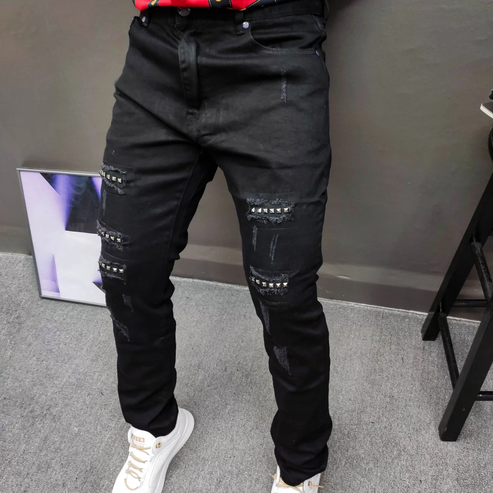 

Brand European Jean Pant Men Slim Stretch Jean Denim Trousers Black Hole Jean Pants Metal Rivet Patchwork Ripped Tights Jean Men