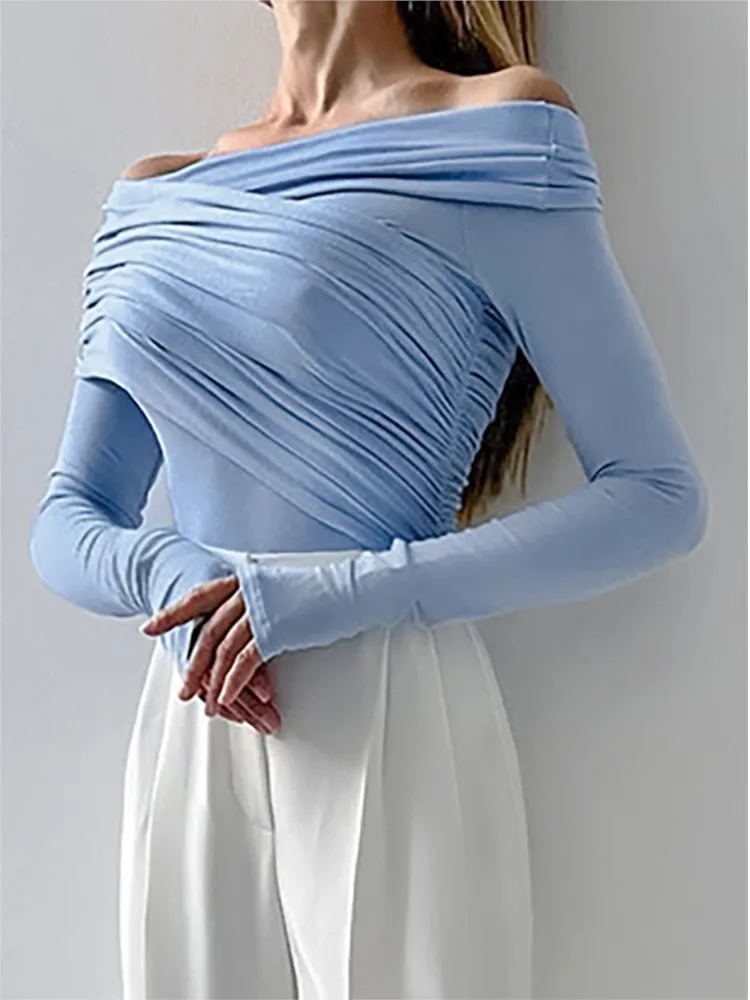 

Sexy Slim Fit Women's Clothing Long-sleeved T-shirt Solid Color Top Bodycon one Line Neck Simple Style All-match Vacation Trendy