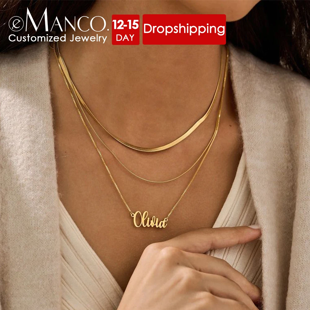 eManco Customized Name Necklaces Women's Layered Round Snake Chain Accessories Stainless Steel Multi-Layered Collarbone Chain