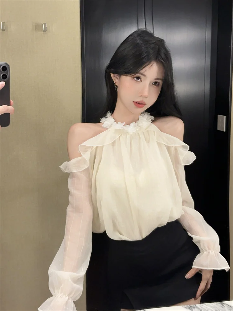 

Sweet Floral Design Gentle Lady Long Sleeve Shoulder Bared Neck Hanging Gown Chiffon Top Korean Style Commute Fashion