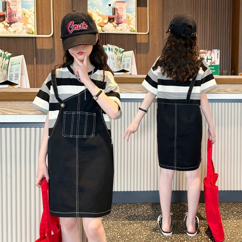 Dresses for Girls  Kids Summer Casual Striped Fake 2 pcs Striped Suspenders Dress Big Kids Clothes Fashion Korean Loose Outfit