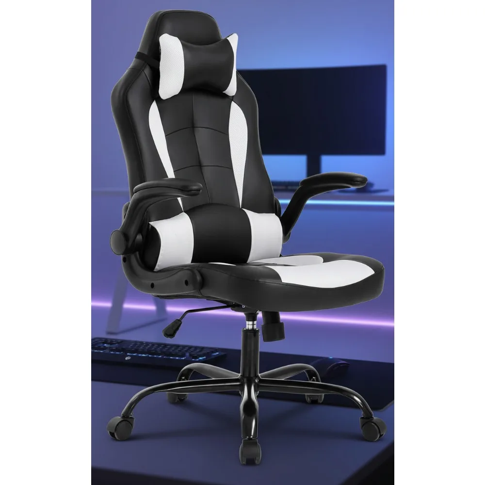 كرسي ألعاب مريح عالي الظهر من جلد البولي يوريثان، كرسي كمبيوتر مكتبي مع دعم قطني، أذرع قابلة للطي للبالغين والرجال والنساء