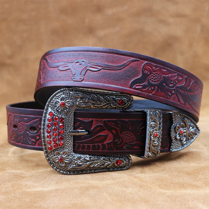 

Western Cowhead Flower Embossed Leather Men Belt Fashion Rhinestone Buckle Cowboy Jeans Belt for Mens