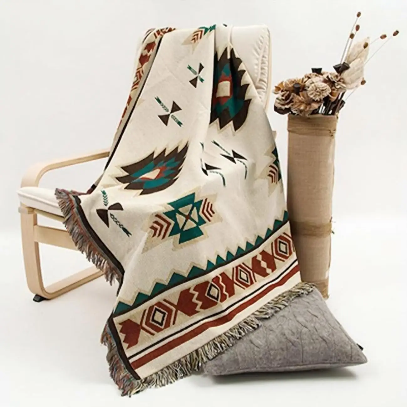 

Boho Blanket Throw, Lightweight Knit Western Throw Blanket For Bed Couches Chair Sofas Outdoor Farmhouse Travel Camping (70.8 *