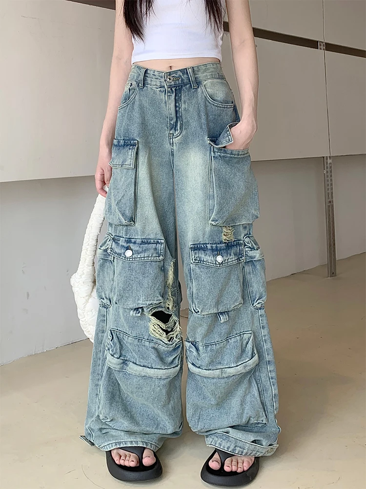 Women Blue Baggy Y2k Cargo Jeans Harajuku Oversize Denim Trousers Vintage Japanese 2000s Style Ripped Jean Pants Trashy Clothes