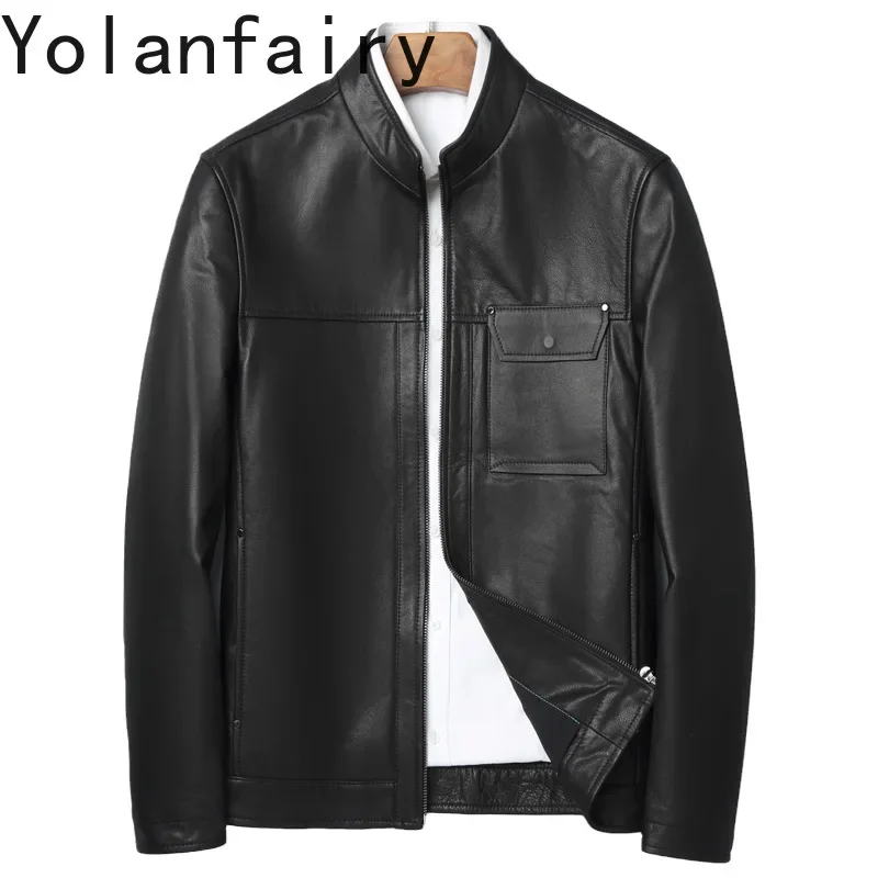 

YOLANFAIRY Genuine Leather Jacket Men Top Quality Head Layer Calfskin Leather Coat Stand Collar Business Casual Leather Jackets