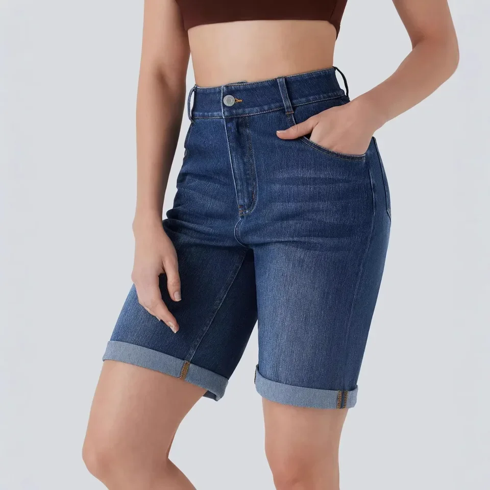 

2026 Summer New Women High Waist Roll Hem Denim Shorts Retro Loose Capri Pants Casual Versatile
