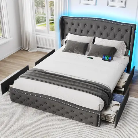 Vabches Queen Size Telaio letto LED con cassetti portaoggetti e stazione di ricarica, struttura letto con piattaforma imbottita con testata Wingback