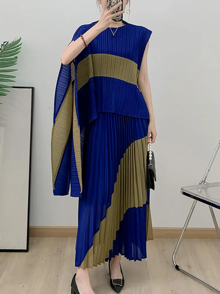 Miyake Contrast Color Shawl Sleeve Irregular Pleated Top+elastic Waist Long Skirt Two-piece Set 2024 Autumn New Party Clothing