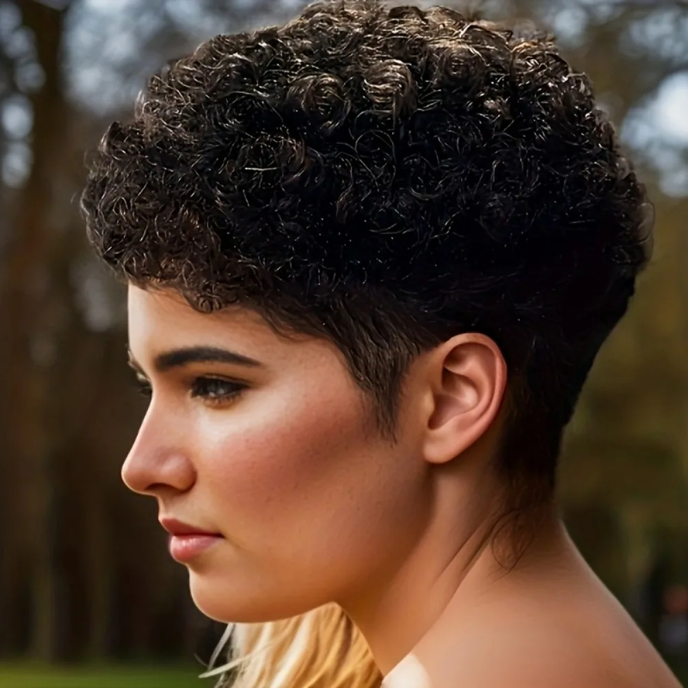 

Парик из натуральных волос для женщин, подходит для афро-кудрявой/кудрявой стрижки пикси - шапочка из розовой сетки, прочный и простой уход, полностью машинное производство