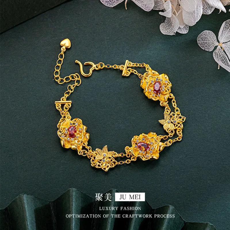 

Gold Shop Same Style 9999 24K Real Gold Women's Gold Bracelet Ruby Blooming Flowers Fashion Birthday Gift Beautiful Jewelry