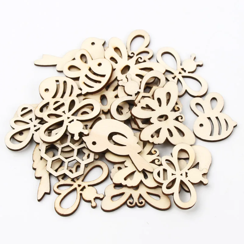 20pcs Mix Natural Wood Chips Bird Butterfly Flowers Wooden DIY Crafts Christmas Tree Hanging Ornaments Wedding Party Home Decor