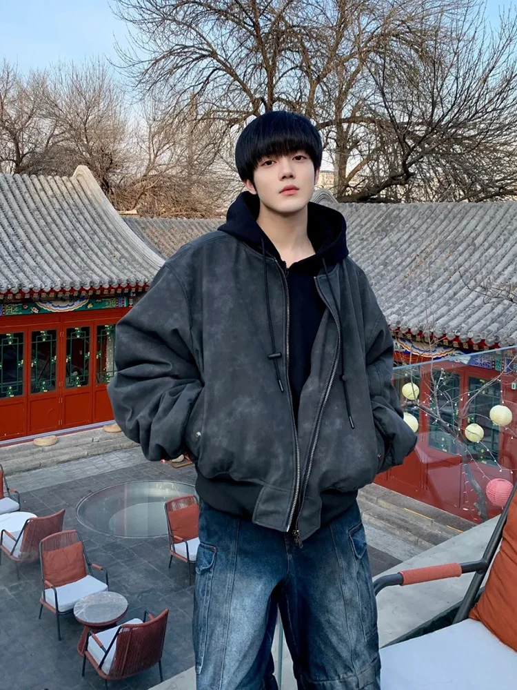 

American Sle Bomber Flight Jaet Cotton Coat Men's Winter Fake Two-Piece Baseball Outfit Hooded Motorcycle Leather Jaet