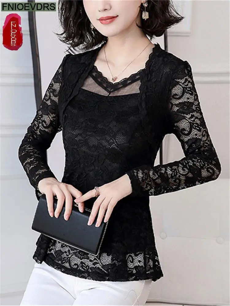 2022 Summer Women Blouse Fashion Office Lady Hollow Out Lace Sheer Mesh Black Lace Vintage Retro Tunic Peplum Tops