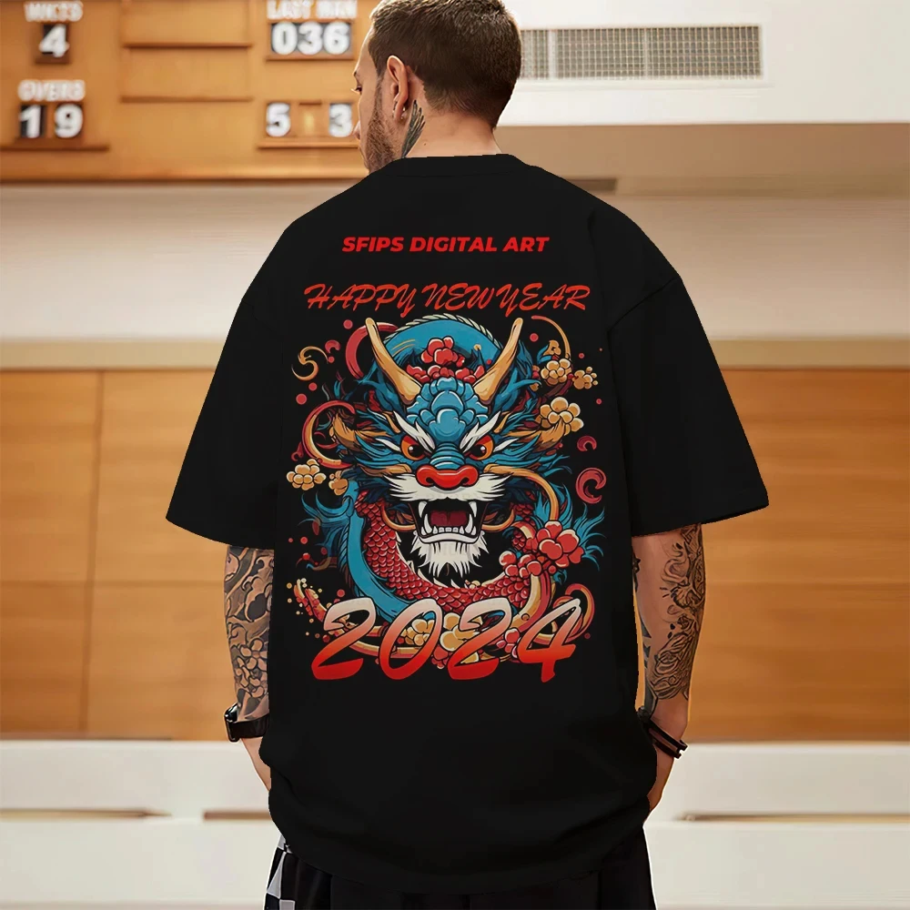 2024 New Men's T-shirt 3D Dragon Print Fashion Men's Clothing Men's Loose T-shirt Extra Large Tees Street Harajuku Short Sleeved