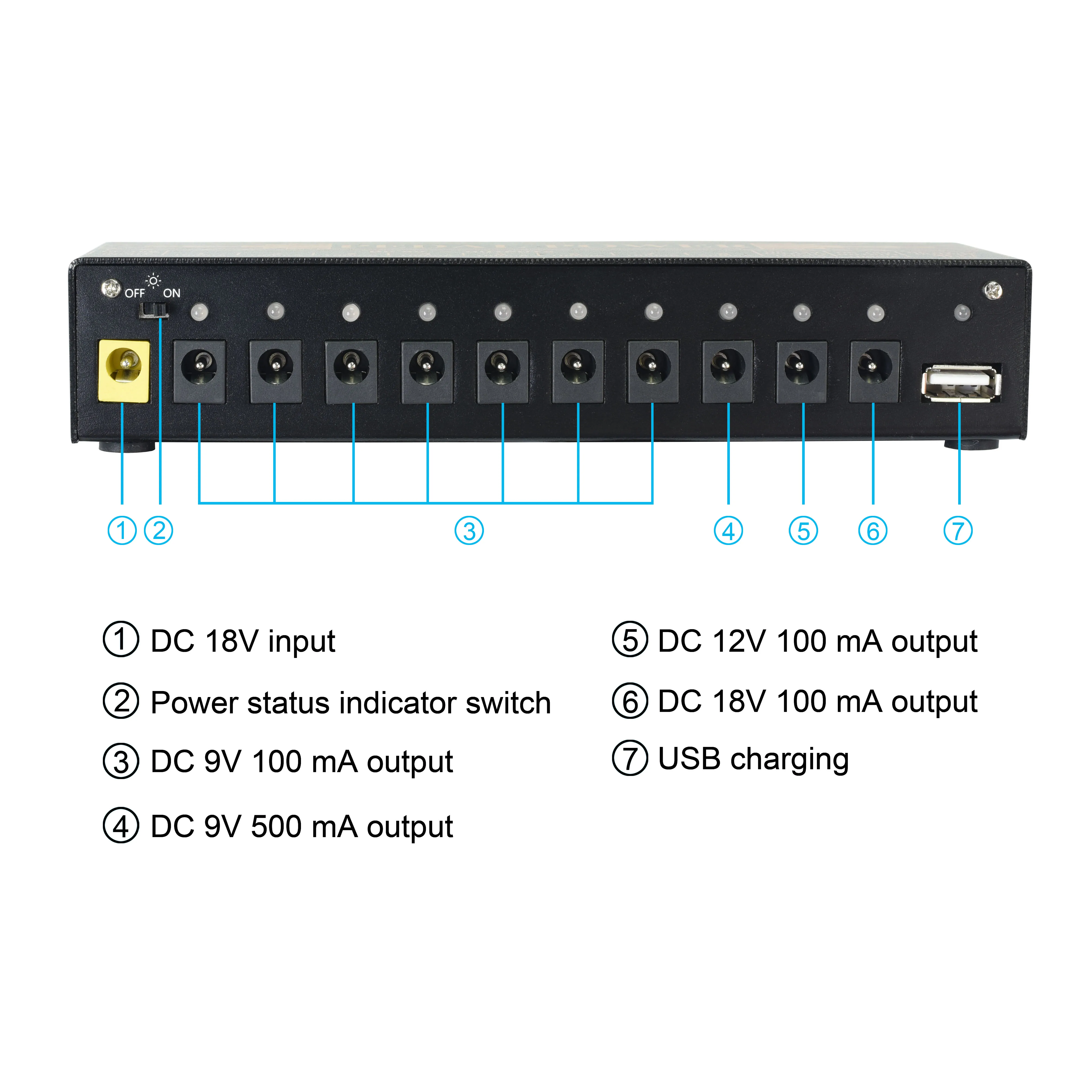 Rowin Guitar Pedal Power Supply 10 Isolated DC Output for 9V/12V/18V Effect Pedal with USB Charging Port for iPhone Noise Filter