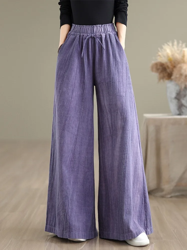 Hand Dyed Wide Leg Pants Women's Cotton Linen Draped Slimming Tai Chi Pants Belted Casual Straight Long Pants Artistic Style